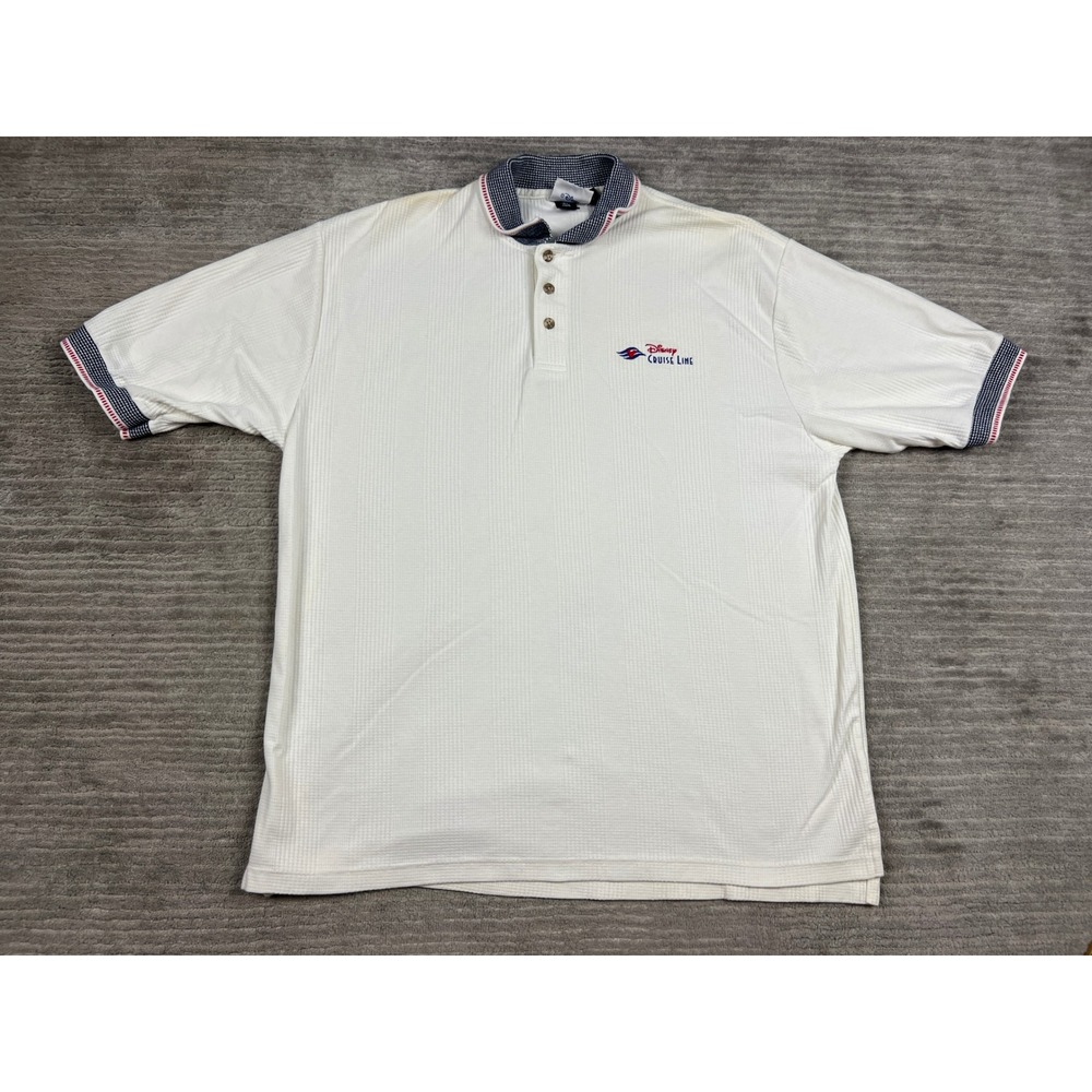 Disney Cruise Line Polo Mens XL White Vintage Waffle Knit Made USA Short Sleeve